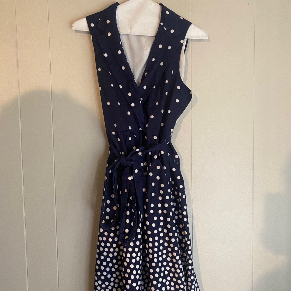 Anne Klein Cadet Navy/White Polka Dot Faux‑Wrap Pleated Fit Flare Dress